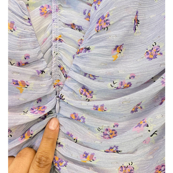ZARA Purple Floral Ruched Long Sleeve Sheer Round Neck Invisible Back Zip XL - Picture 4 of 7